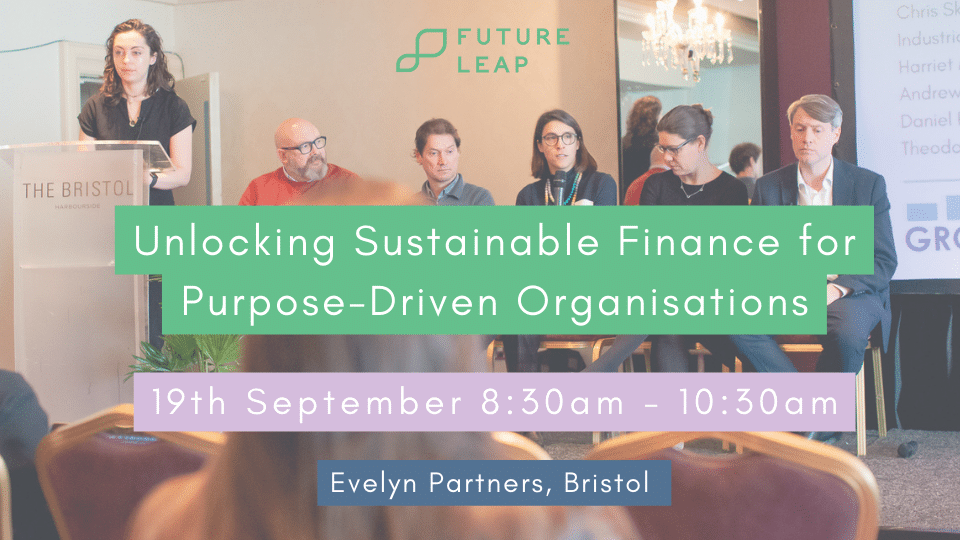 Banner image with the title text 'seeking sustainable finance for purpose-driven organisations'.