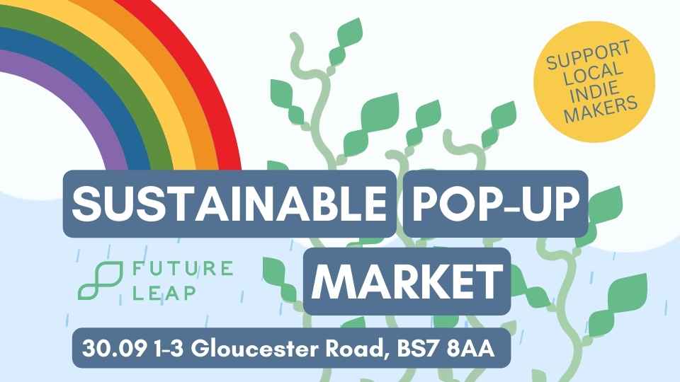Poster for September sustainable pop-up market with graphics of rainbow, clouds, plants