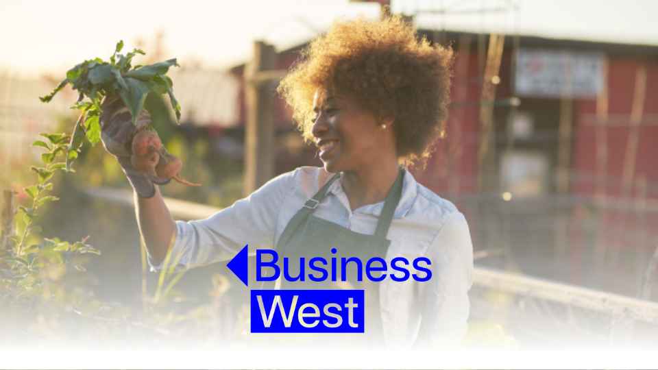 woman gardening with business west logo overlaid