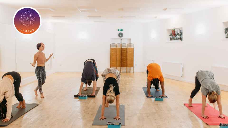 Group of people doing yoga.