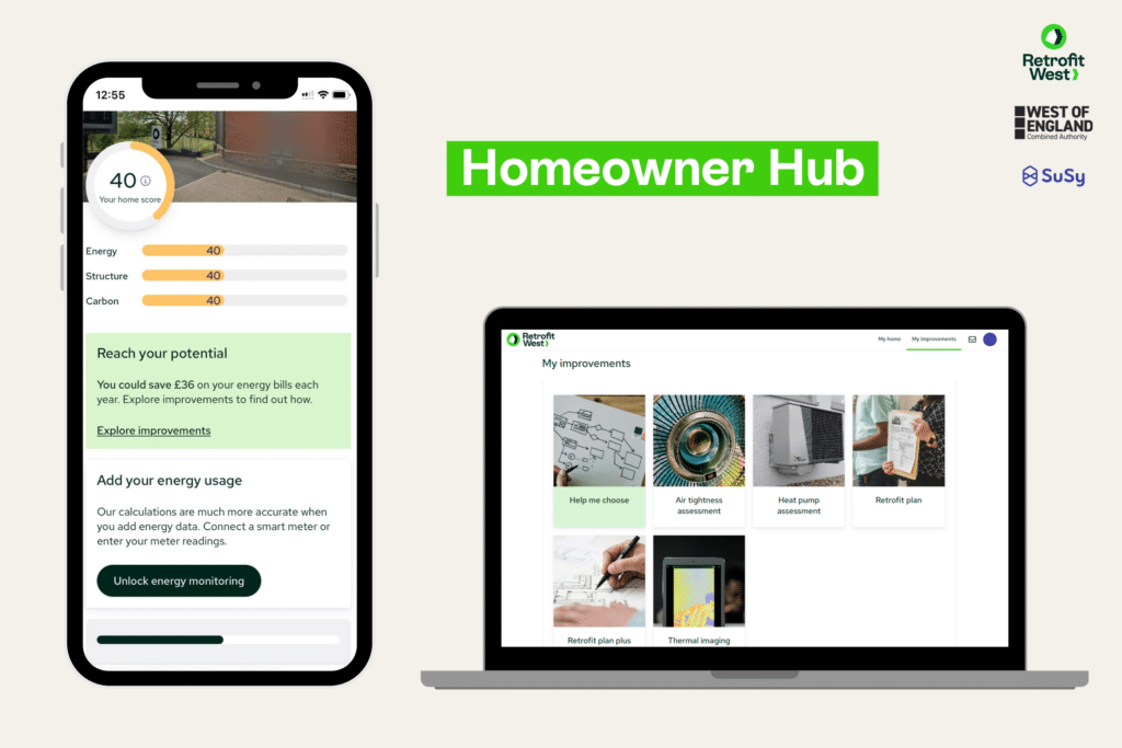 Retrofit West's Homeowner Hub web app and mobile app displayed on a mobile phone and a laptop.