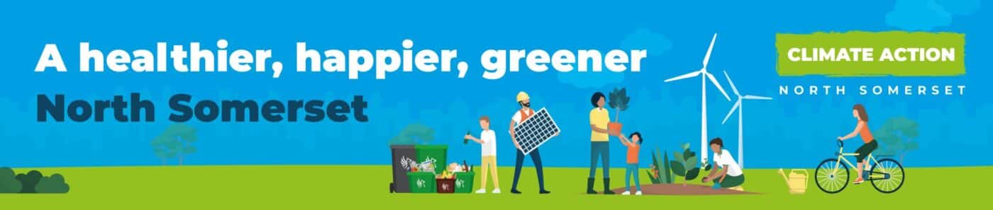 North Somerset Council Climate Action graphic banner - people recycling, cycling and planting in front of a wind turbine.