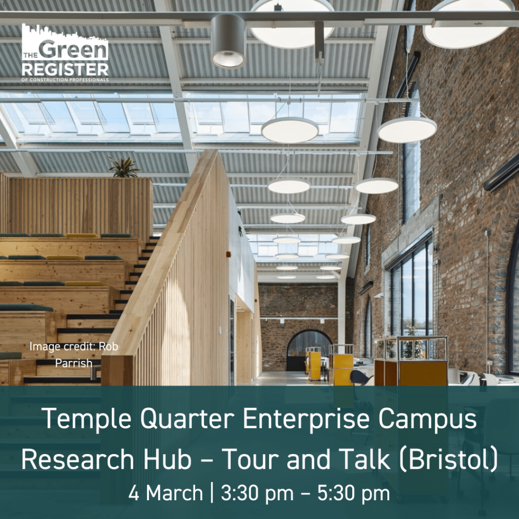 Temple Quarter Enterprise Campus interior of atrium and seating area with obverlaid ytext; 'Temple Quarter Enterprise Campus Research Hub- Tour and Talk - 4th March 2025 3.30pm-5.30pm