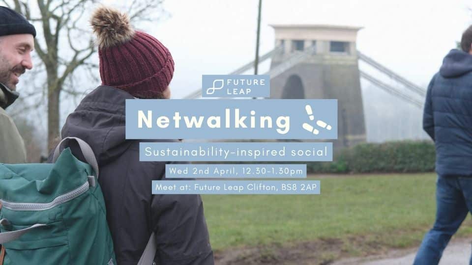 A graphic for a networking and walking event. In the background, people walk towards the Clifton Suspension Bridge.