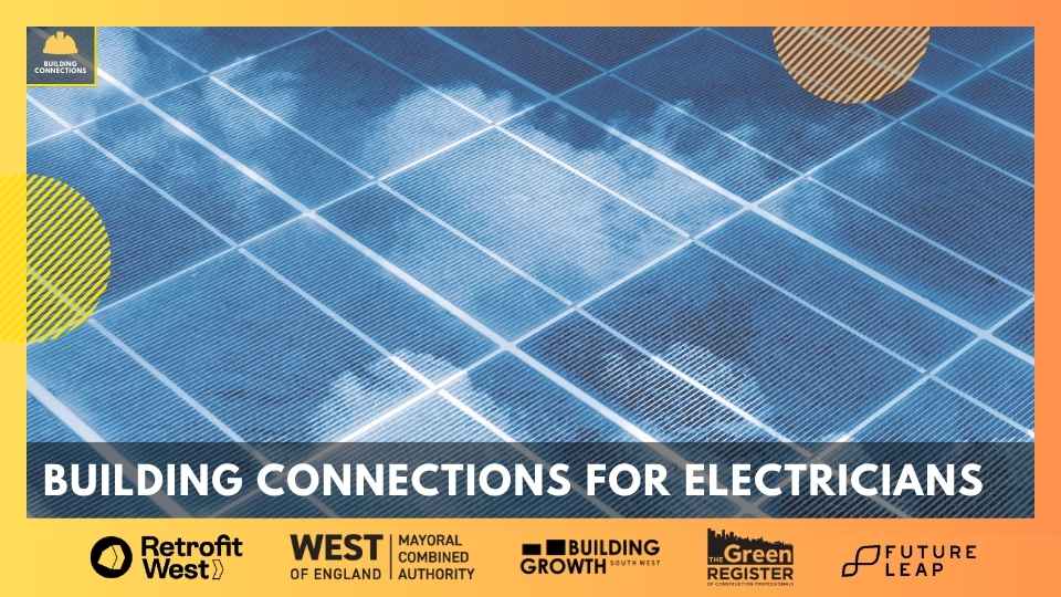 'Building Connections For Electrician's' event graphic with an illustration of the sky reflected on solar panels.