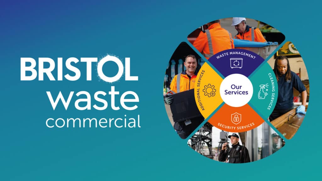Bristol waste commercial white text on blue background with 4 segment circle to show services, with phoot backgrounds