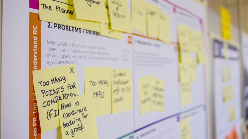 Yellow sticky notes on a project planning board.