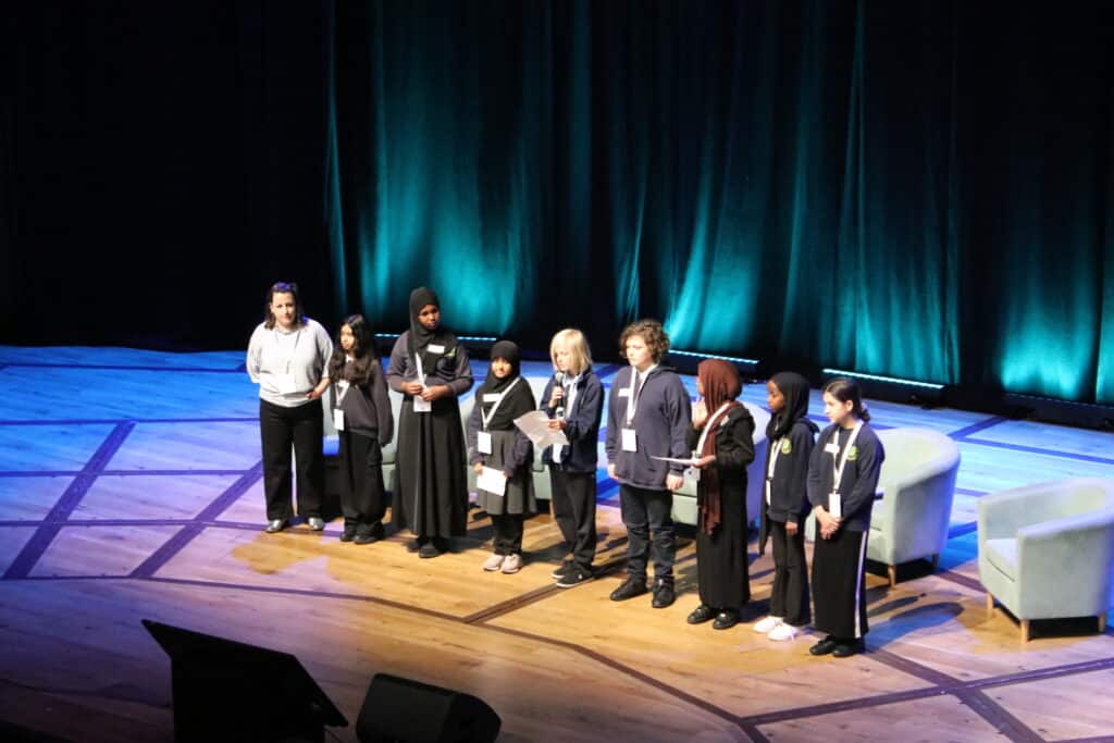 Children from May Park Primary in Easton join the stage at the Festival of Sustainable Business 2025 via the Green Schools Project