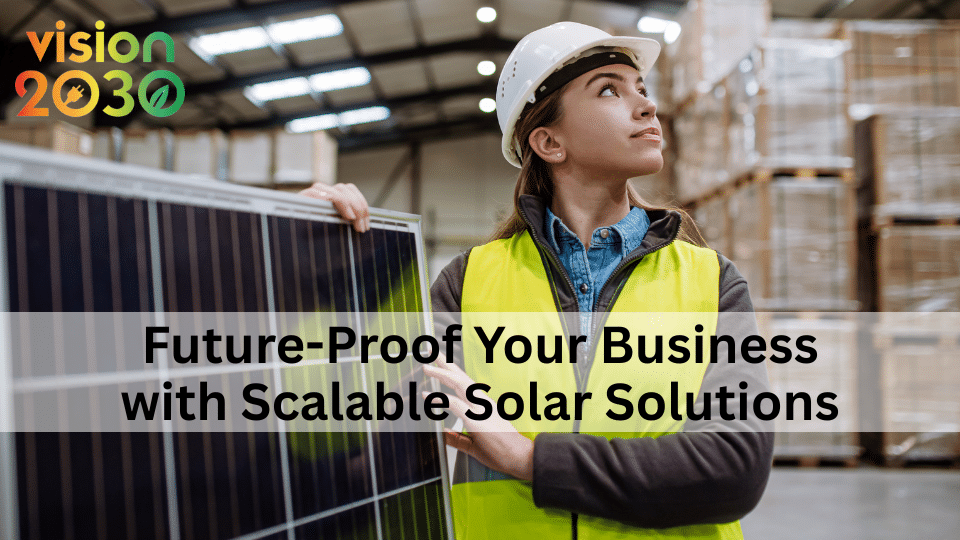 women in high vis and helmet next to solar panel