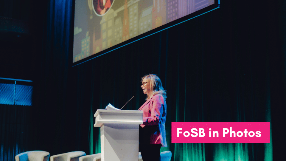 Mayor Helen Godwin on stage at Festival of Sustainable Business 2025 with overlay text 'FoSB in photos'